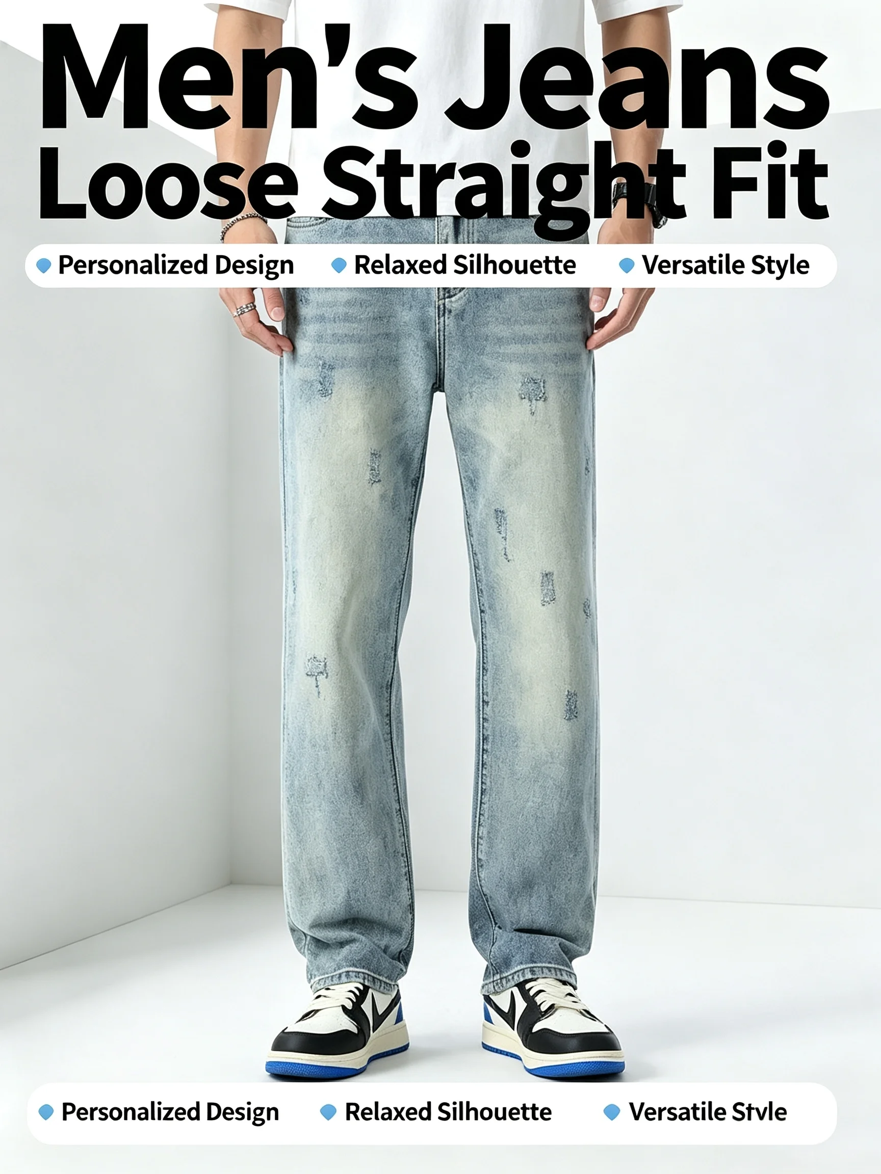 2026 New Men's Jeans High Street Trendy Brand Washed Personalized Non-Stretch Loose Straight-Leg Versatile Denim Pants