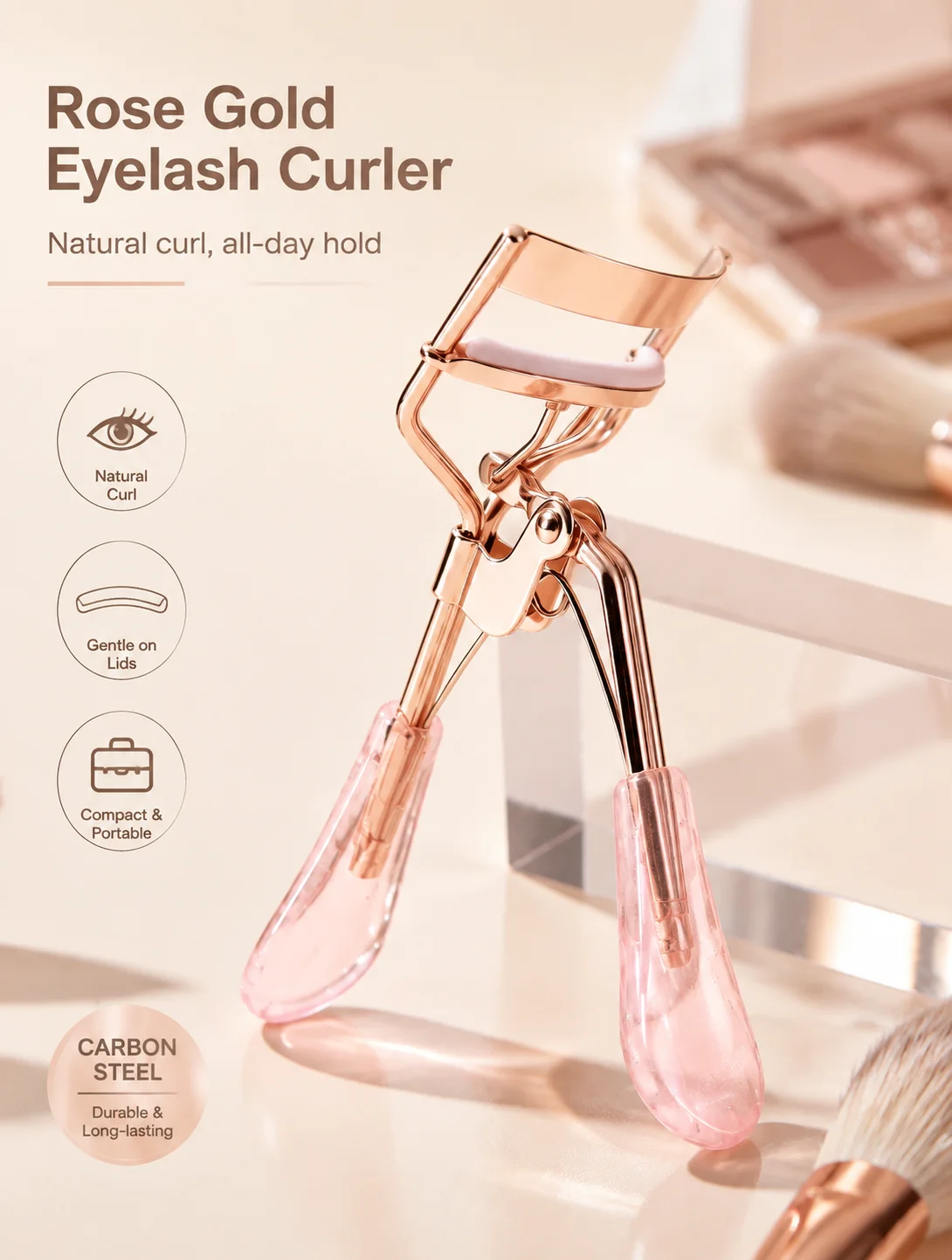 Eyelash Curler Rose Gold Carbon Steel Portable Makeup Tool for Beginners Long Lasting Lash Crimper