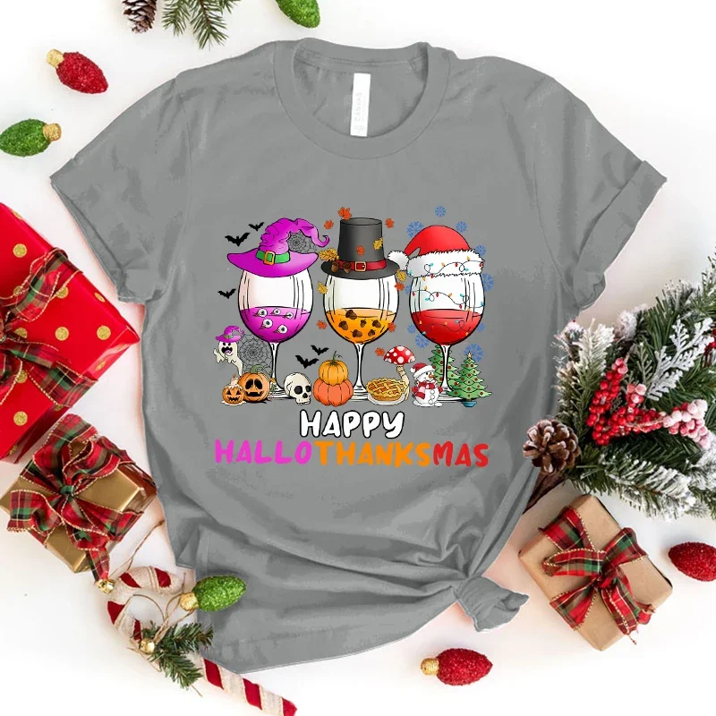 Funny Happy Halloween Thanksgiving Christmas Wine Glass Letter Print T-Shirt Womans Casual Tops Summer Cool T Shirt Plus Size T