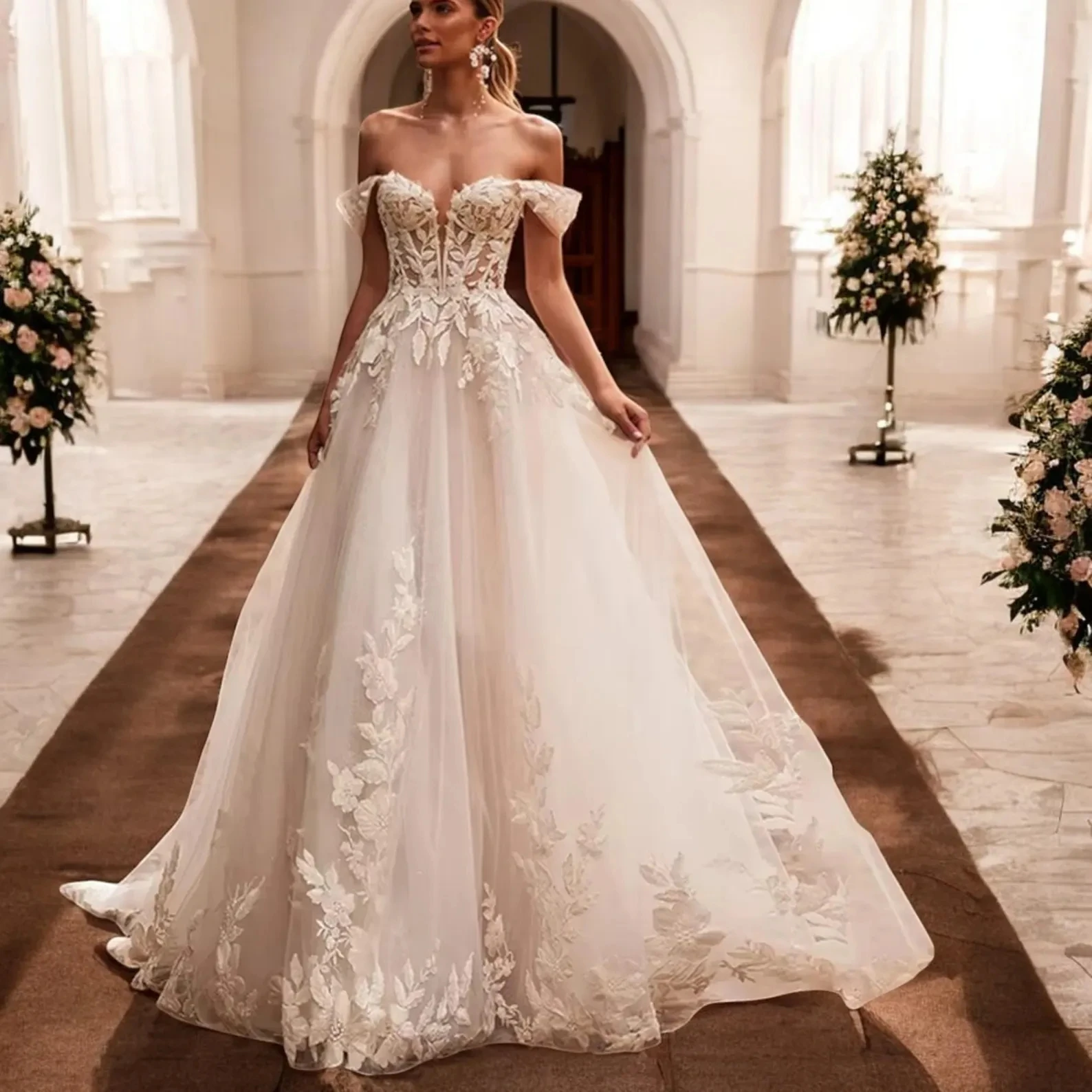 Suknie ślubne z odkrytymi ramionami, tiulowe, z koronkowymi aplikacjami, dekolt w serduszko, linia A, iluzja, długie suknie ślubne, suknia dla panny młodej