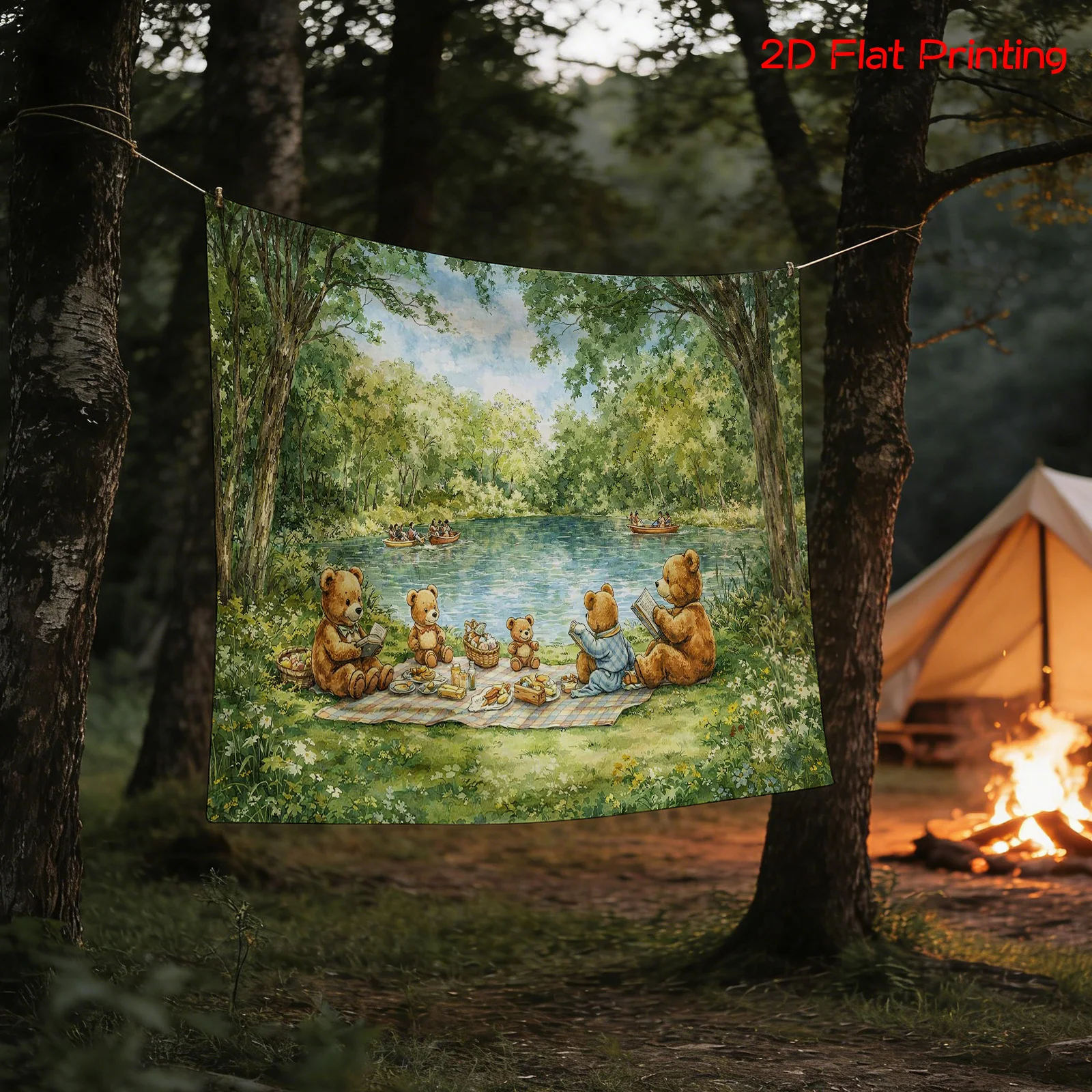 Whimsical Bear Family Woodland Nature Scene Tapestry Watercolor Print Rustic Forest Pond Art Home Decor Camping Wall Hanging Gif