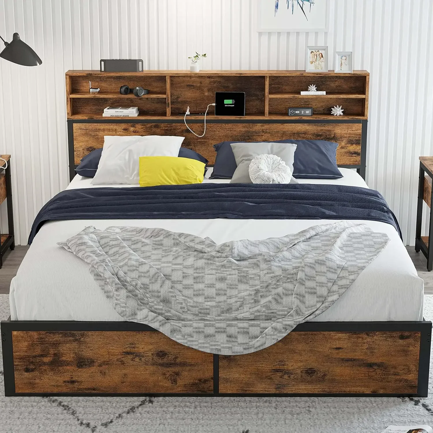 Full Size Bed Frame with Tall Bookcase Headboard and Charging Station, Solid and Stable Platform Bed, Noise Free