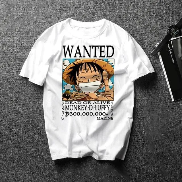 Anime One Piece Luffy Wanted Poster Print T-shirt Men Classic Bounty Design Cotton Short Sleeve Casual Street White T Shirts
