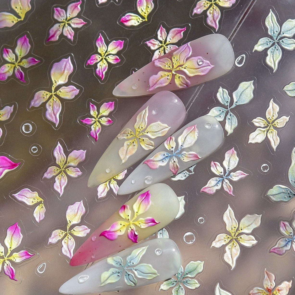 

Colorful Gradient Halo Dyeing Lily Blooming Flowers Petal Frangipani Moth Orchid Jelly Nail Art Stickers Decals Charms Manicure