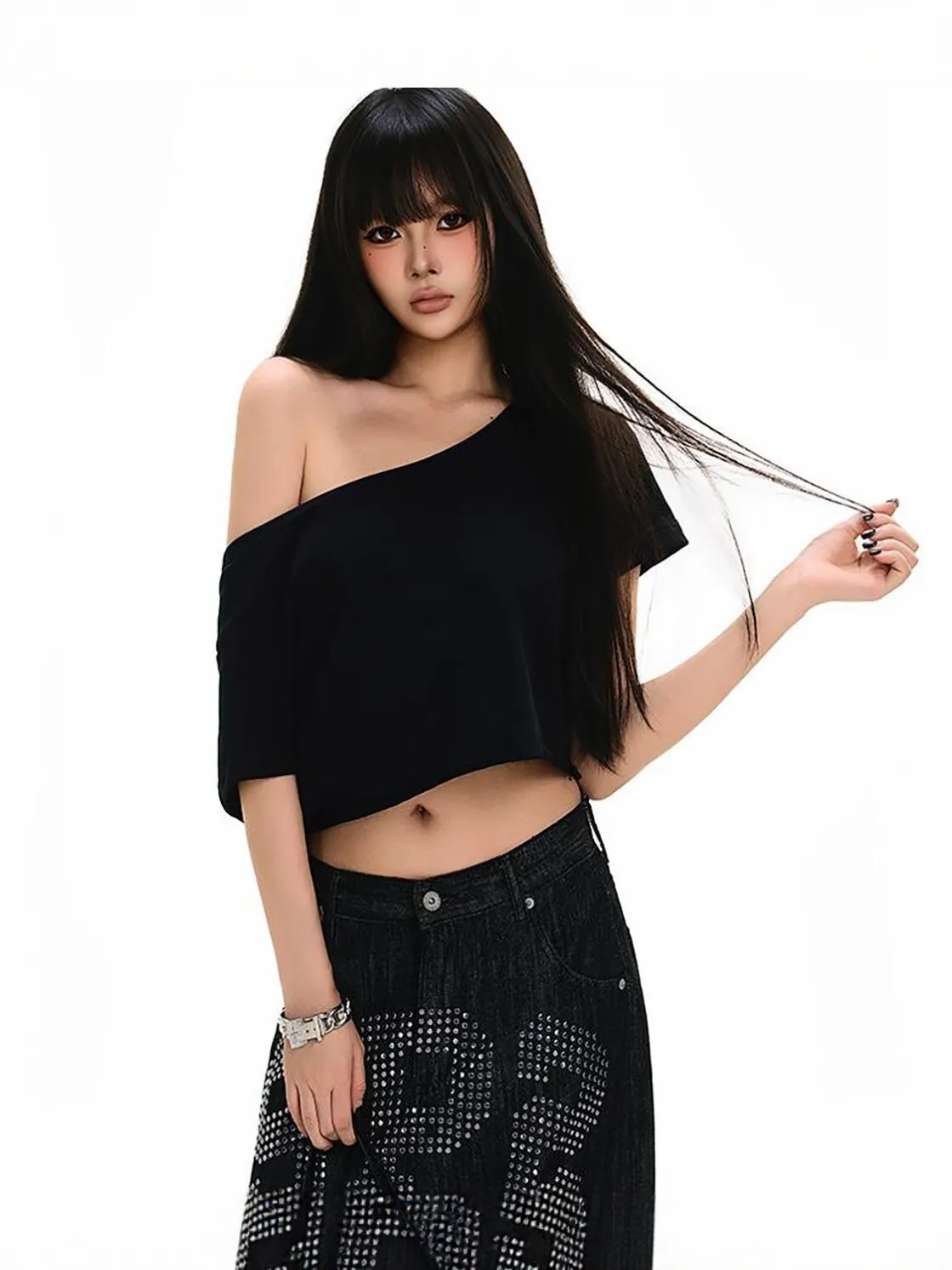 American Sexy One-line Neck Off-the-shoulder Long-sleeved T-shirt Women's Spring New Style with Hot Girl Slim Slim Black Top