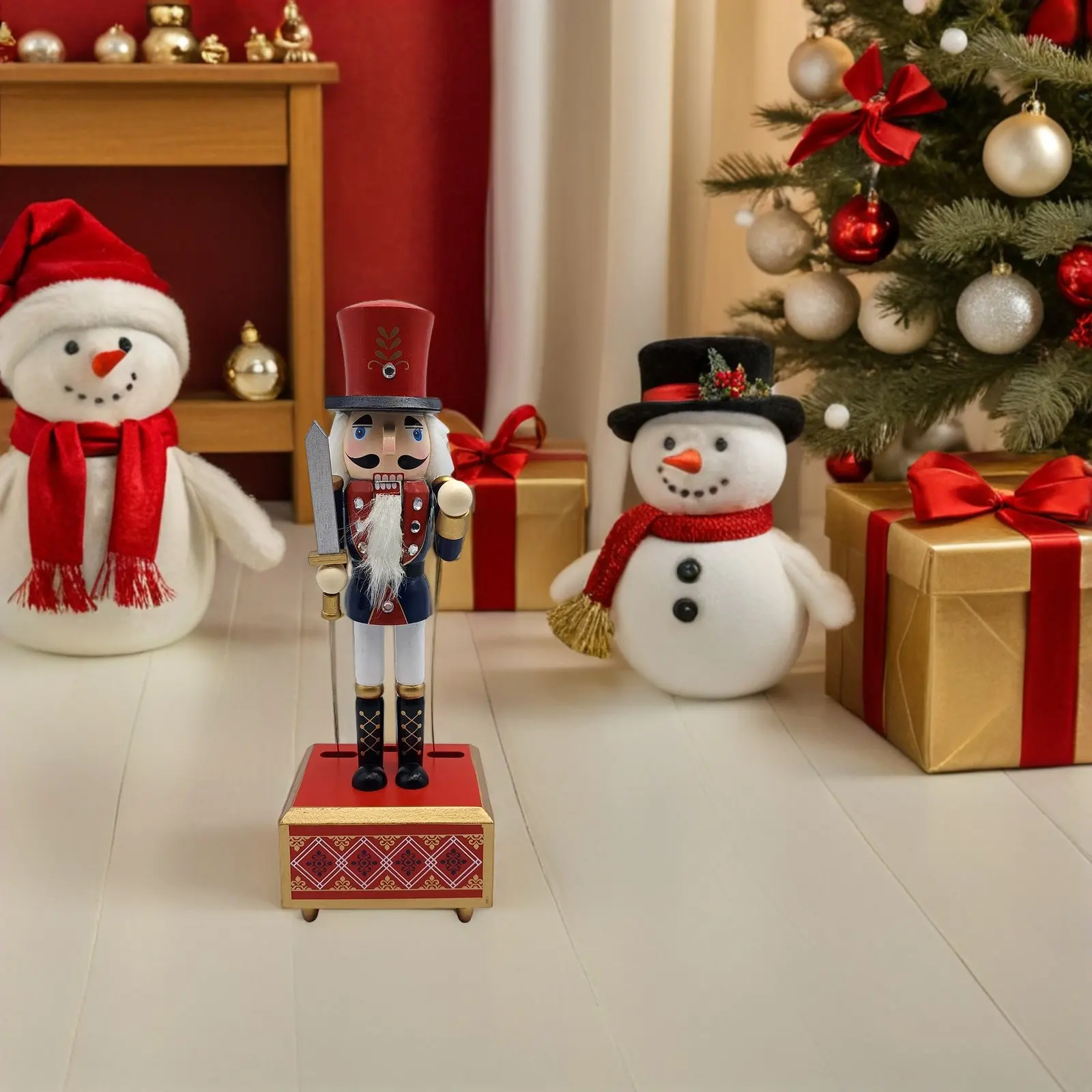 Nutcracker Music Box Wooden Soldier Figure Wind Up Mechanism No Batteries Needed Festive Xmas Decoration for Living Room Desk