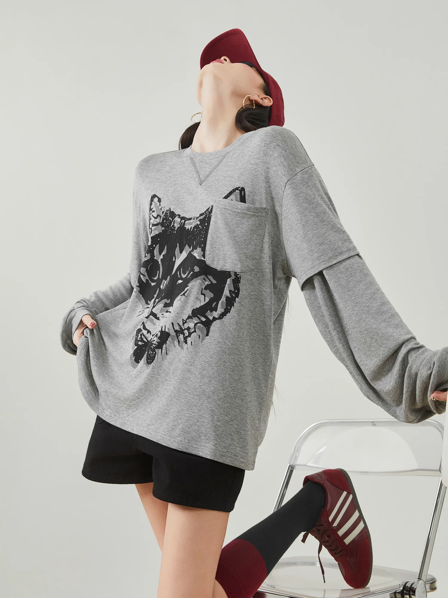 

Женская тонкая винтажная свободная универсальная футболка с длинным рукавом и принтом, удобный топ из полиэстера для повседневной носки