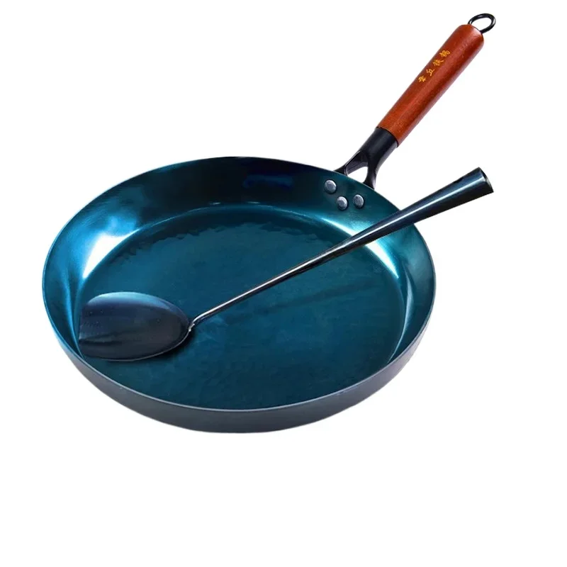 

30cm Frying Pan Cast Iron Pan Uncoated Kitchen Cookware with Anti-scald Wooden Handle for Gas Stove Induction Cooker