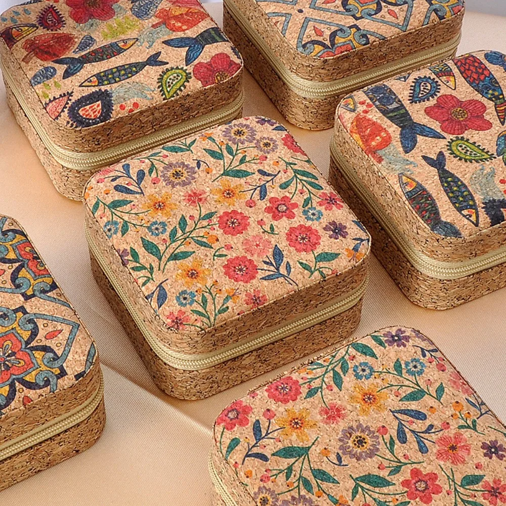 Kurkhout Sieraden Opbergdoos Vierkante vorm met Rits Cosmetische Houder Dubbele Doos Bedrukte Ketting Vitrine Reisbenodigdheden