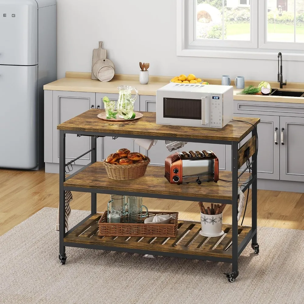 Kitchen Island with Power Outlet,Rolling Kitchen Cart with Wine Rack & Glass Holder & Hooks,Coffee Bar Microwave Stand Wine Rack