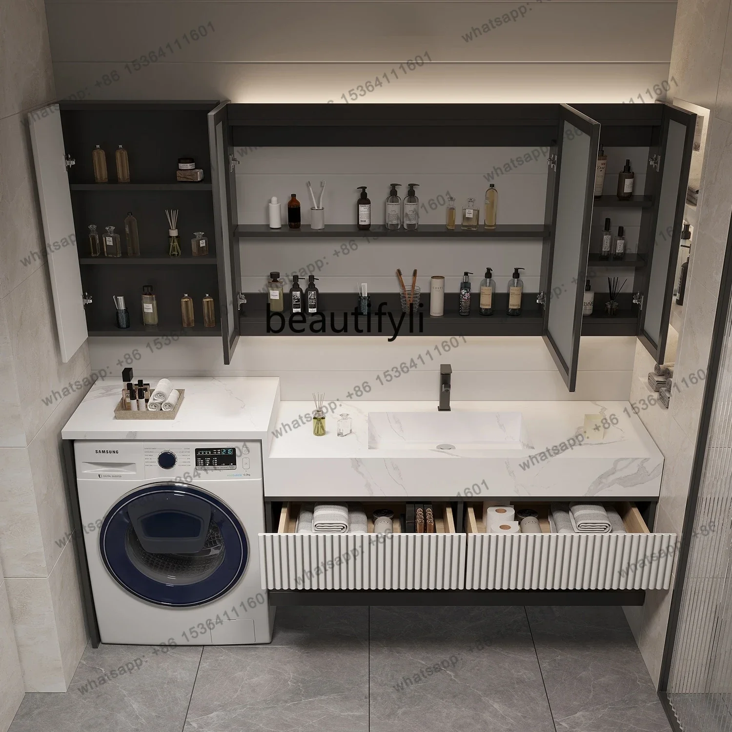 Factory Direct  Stone Plate Bathroom Cabinet Balcony Washing Machine All-in-One Cabinet Combination Solid Wood Wash Basin