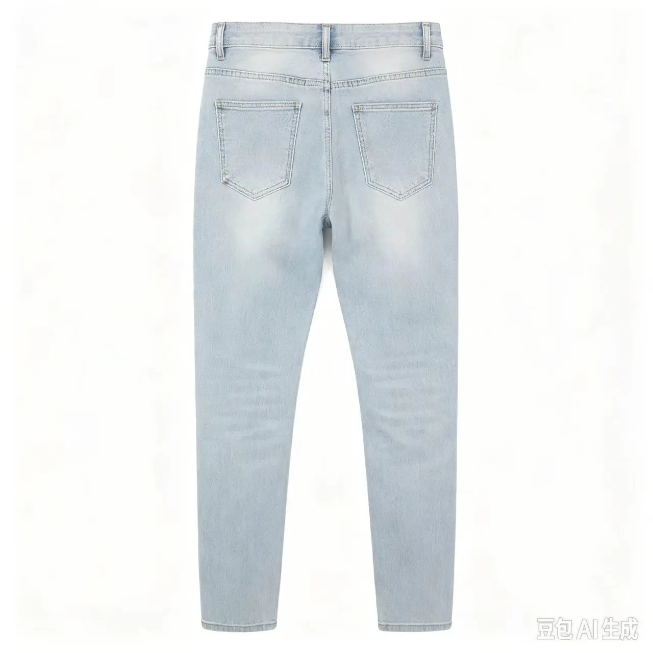 Designer men's fashionable light blue jeans with perforated patches, washed and worn elastic tight tapered pants, hombre