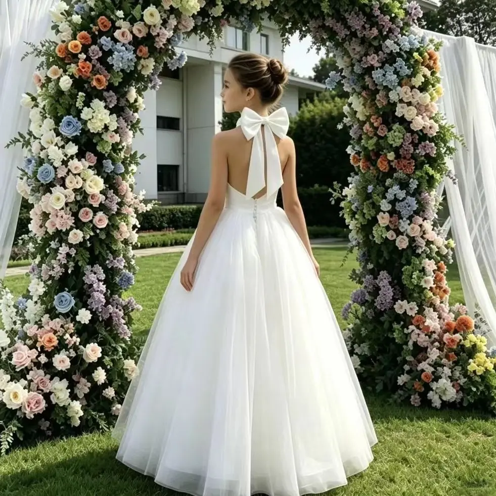 

3-12 years Long White Flower Girl dress bow Wedding Pageant Party baby Girl Princess Ball Gown Dress Elegant low-back dress