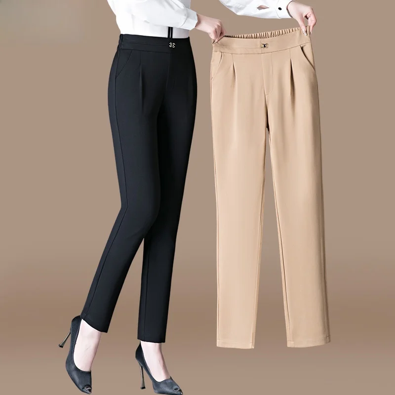 

Брюки с высокой талией для мам, модные повседневные длинные брюки на весну, из смесового полиэстера, удобные, с эластичным поясом