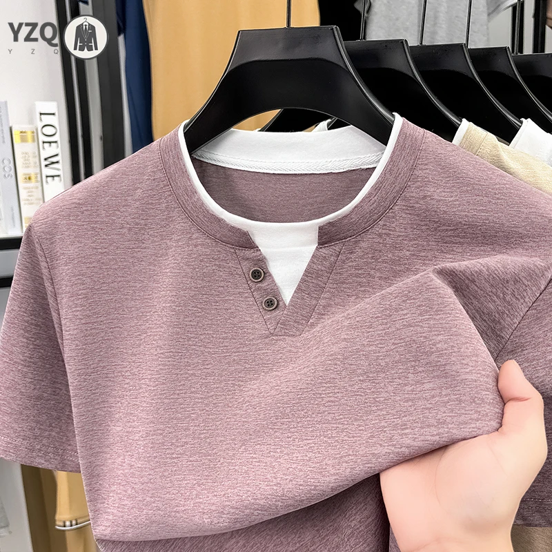 Mens Short Sleeve T Shirt Henley Neck Fake Two Piece Casual Tops Breathable Slim Fit Tees For Men Daily Outfits view 3