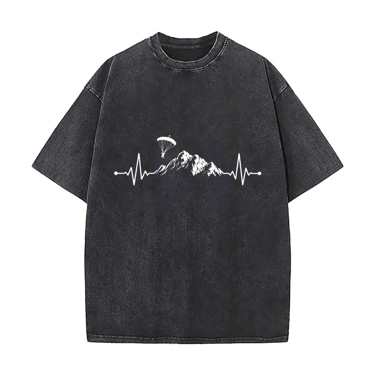 Paraglider Mountain Heartbeat Pulse Parachute Skydiver Distressed Faded Baggy Streetwear Tops for Park Hangouts