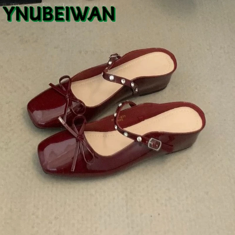 

Bow Women Flats Mules Shoes Square Toe Slippers New Summer Sandals 2025 Designer Dress Party Woman Slingabck Shoes Zapatillas