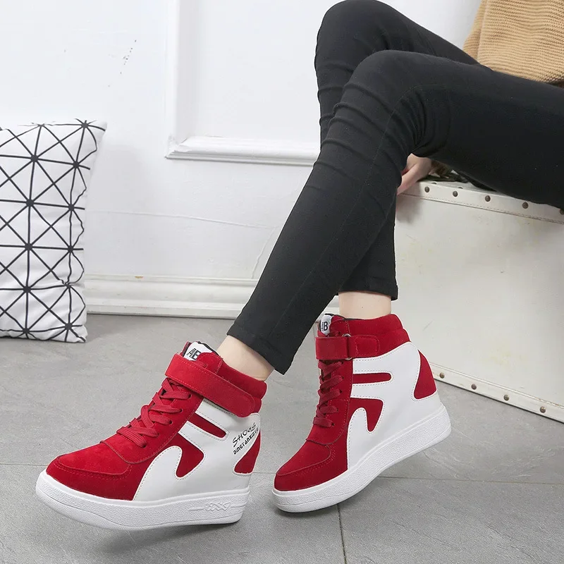 

Womens Red Sneakers High Top Thick Sole Casual Wedge Shoe Internal Increase Women Vulcanized Shoes Lace Up Zapatillas De Deporte