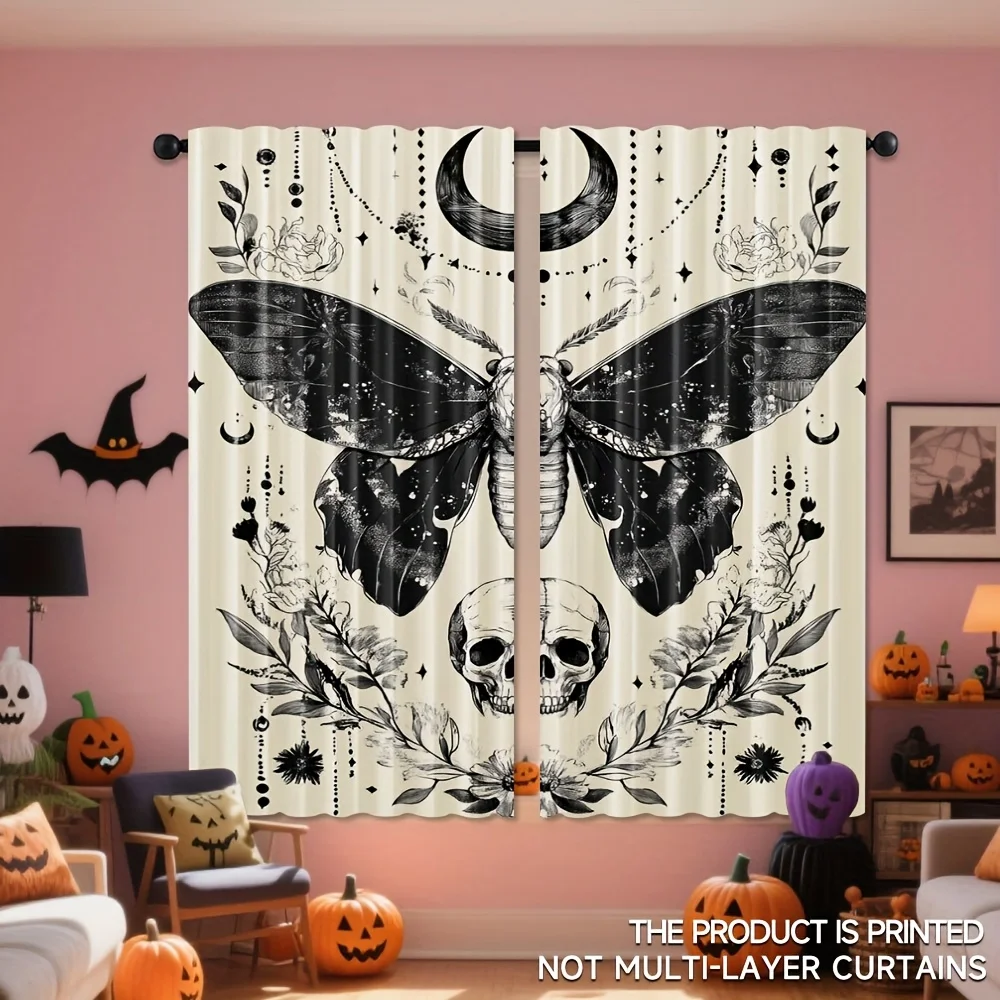 2PCS Digital Print Curtains, Gothic Moon Moth Floral, Gothic Mystic