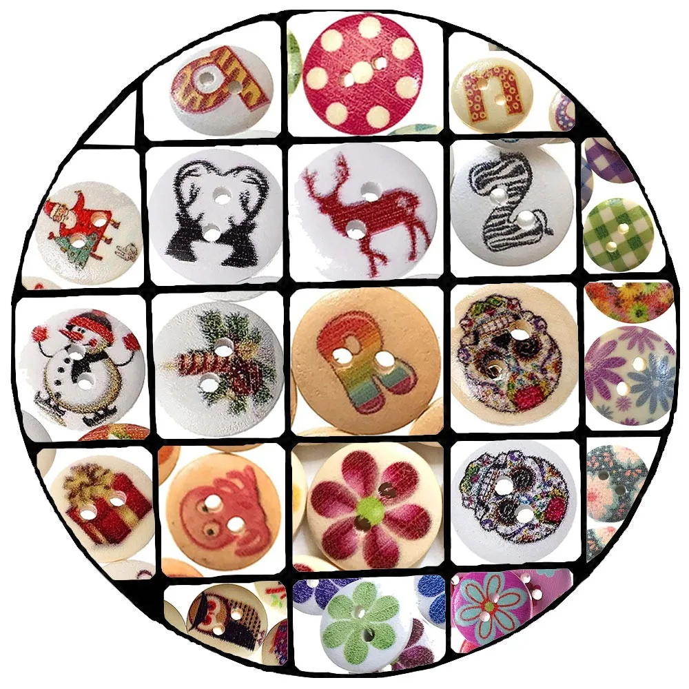 

300PCS 15mm Mixed Flowers Pattern 2-Holes Round Wooden Buttons for Sewing Clothing Scrapbooking Crafts Home Decor Supplies