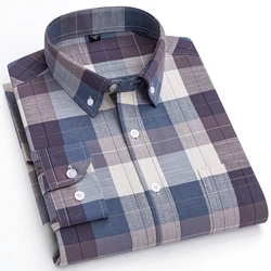 Men's 100% Cotton Long Sleeve Button Down Check Shirt Single Chest Pocket Work Casual Standard-fit Plaid Striped Oxford Shirts