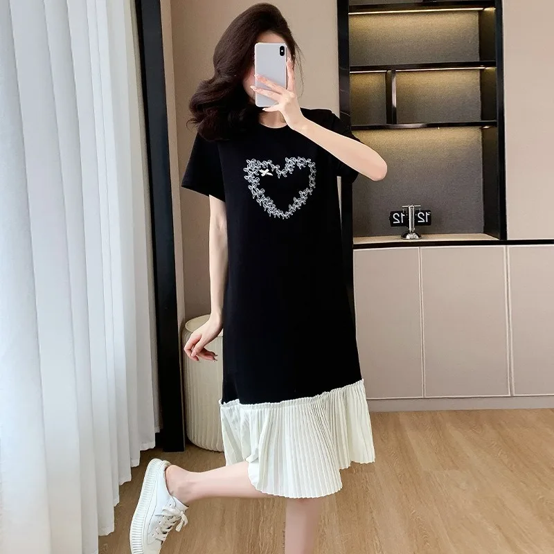 Vrouwen Casual Lange Jurk 2025, Zomer Geplooide Stiksels, Middellange Jurk, Dames Koreaanse Stijl Slanke Ronde Hals T-shirt Losse Jurk