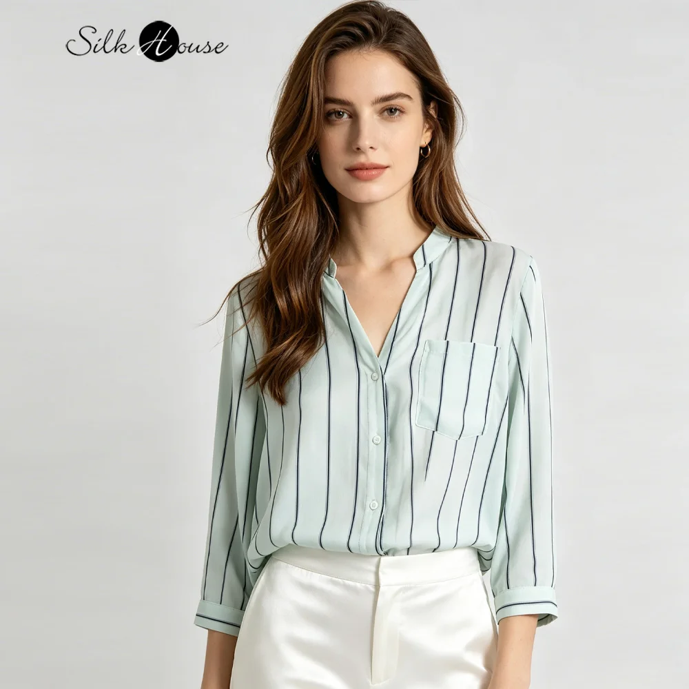 

03Crepe De Chine Spring/Autumn Light Luxury Temperament V-neck Silk Mulberry Silk Top Blue Stripe Casual Versatile Women's Shirt