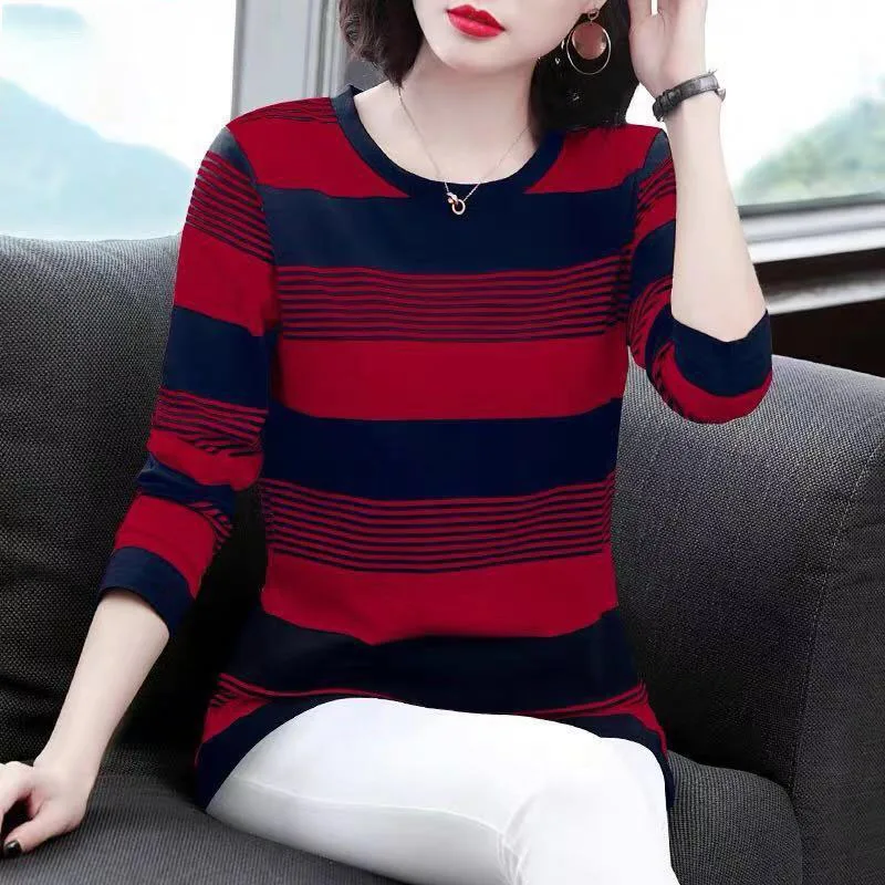 Fashion O-Neck Casual Striped Tee Shirt Women's Clothing 2023 Autumn New Oversized All-match Pullovers Commute T-Shirt