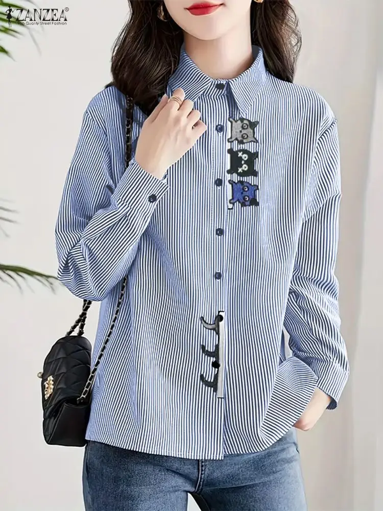 ZANZEA Mode Gestreiften Shirts Frauen Elegante Langarm Katze Drucken Patchwork Casual Bluse Herbst Tunika Tops Vintage Weibliche Blusa