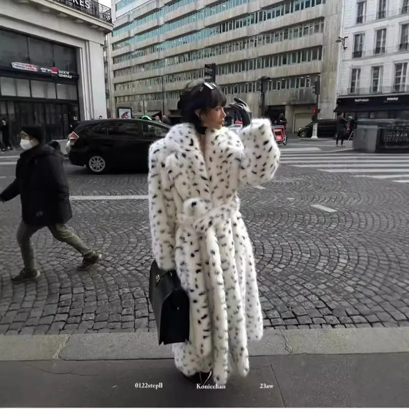 Faux Fur s Women Print Long Coat Lapel Elegant Lace Up Cardigan Thick Loose Warm Autumn Winter 2025
