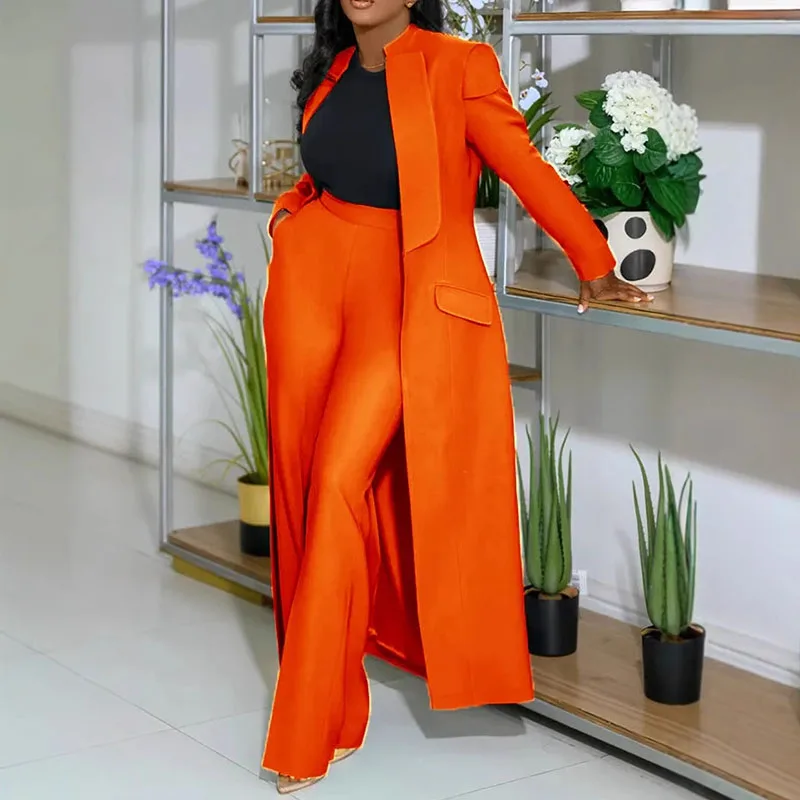 Vintage Elegant Formal Two Piece Set for Women Matching Sets Office Lady Business X-long Blazer Coat and Wide Leg Pant Suits