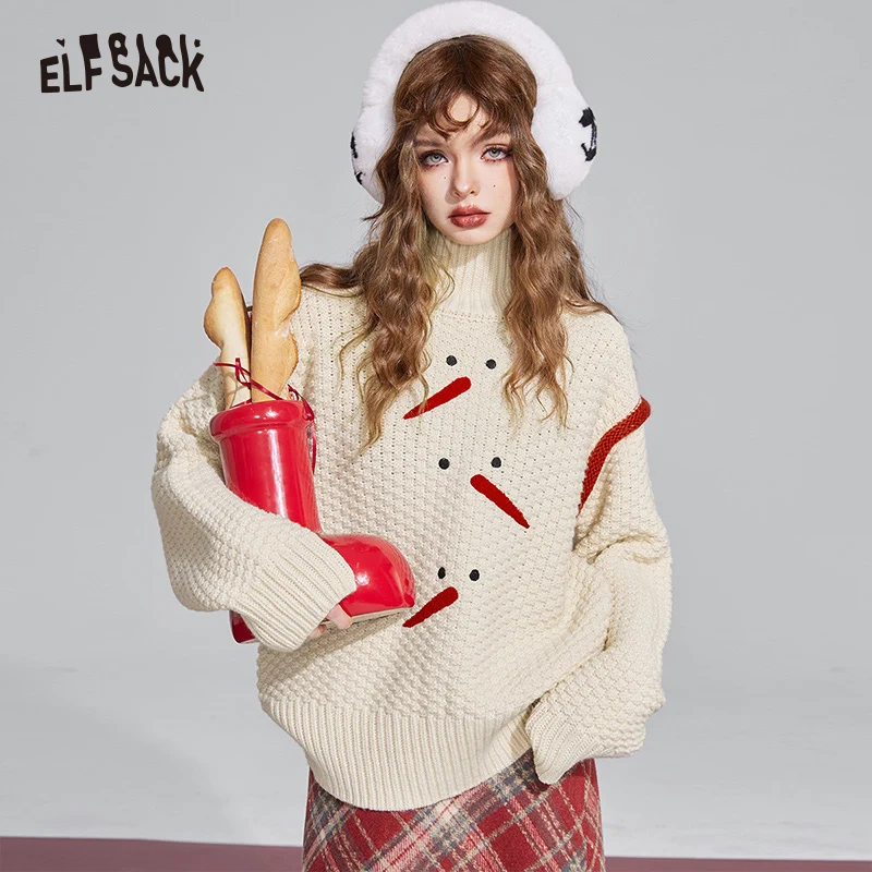 ELFSACK Kawaii Christmas Snowmen Pullover Sweaters Women 2023 Winter New Fashion Knitwear