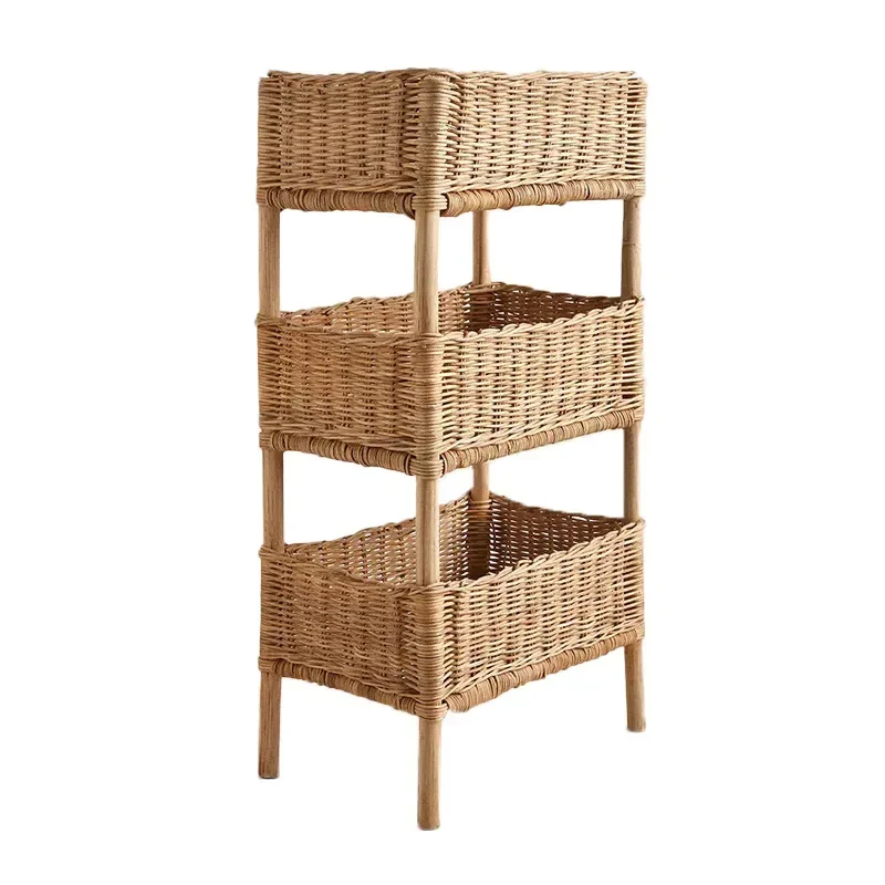 

Rattan Hand-woven Solid Wood Multi-layer Storage Shelf