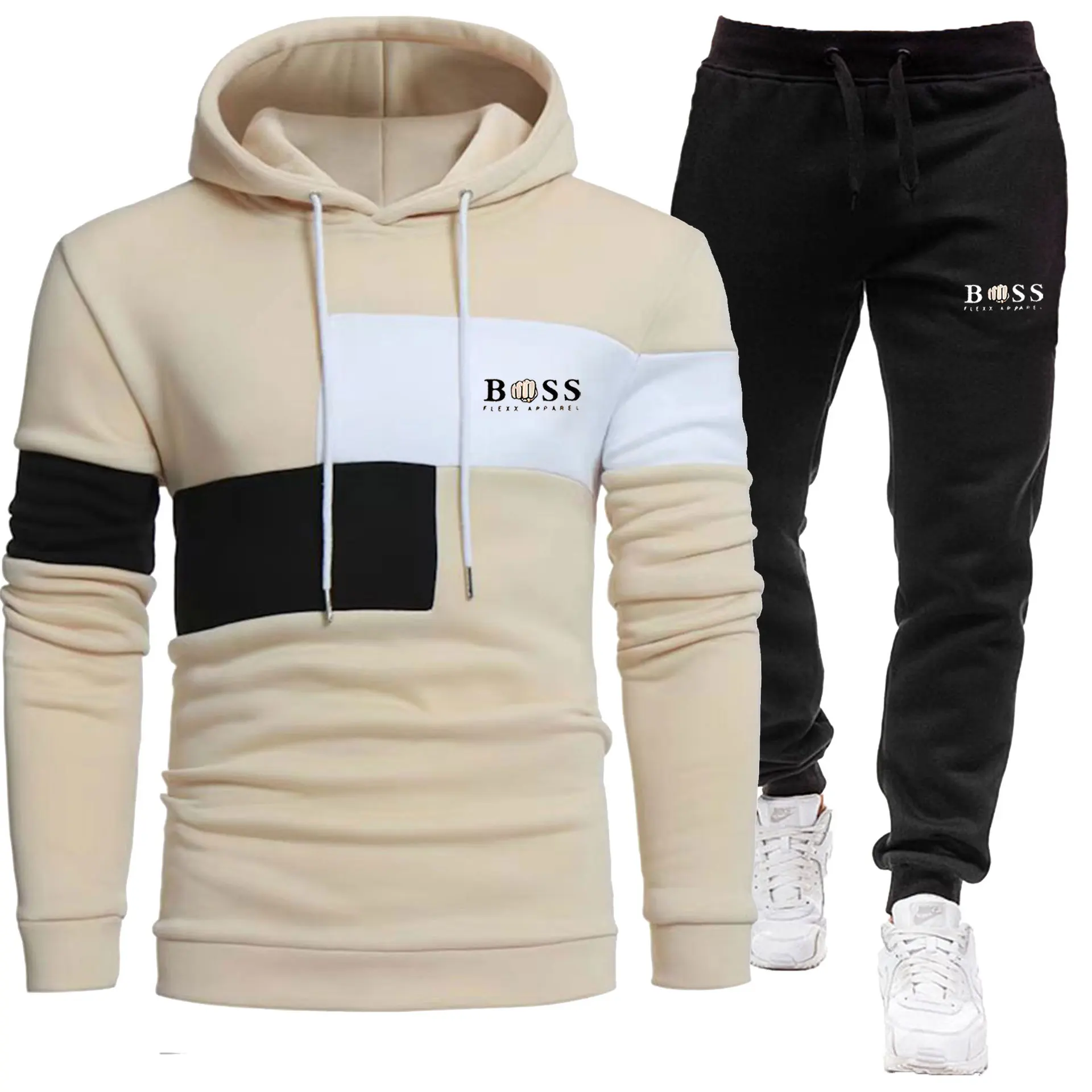 2024 Autumn/Winter New Men\'s plush patchwork hoodie set, three piece casual sports printed hoodie two-piece set