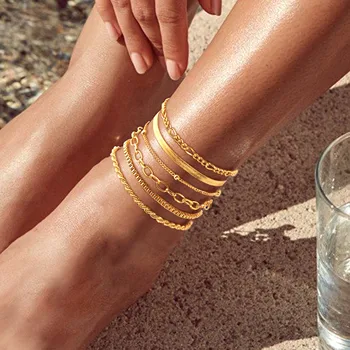 여성용 보헤미안 휴가 및 심플 스타일 멀티 피스 세트, 쌓을 수 있는 비건 체인, 여름 발찌 도금, 18K 골드 실버 저자극성 