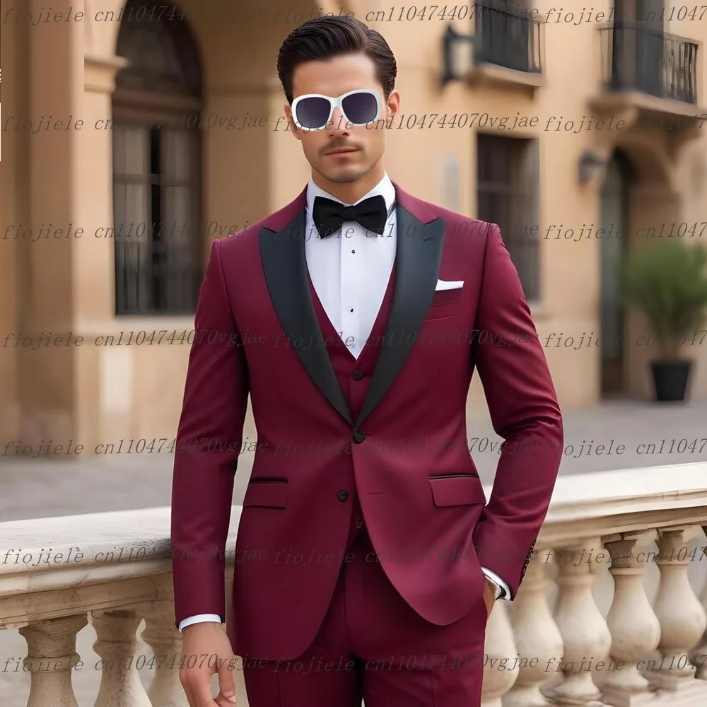 

New Black Collar Burgundy Men Suit Formal Wedding Party Groom Business Male Tuxedos Customized 3 Piece Set Jacket Vest Pants