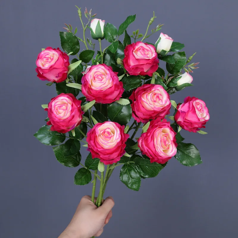 Aloes verdes, 3 uds., rama Artificial de 3 cabezas, Rosa Chinensis, flor falsa de seda, rosa de Jade fragante, flores de simulación, decoración del hogar