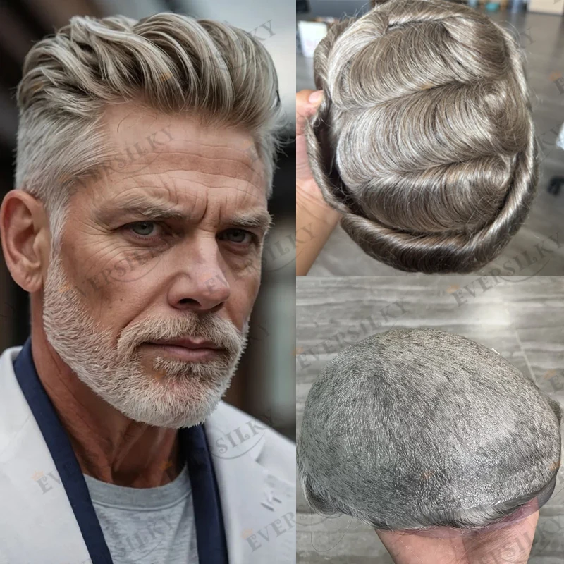 

Невидимая ультратонкая основа для кожи, супер натуральная линия волос 0,03 мм # 5765 Коричневый с серой системой волос Протез Капиллярный мужской парик