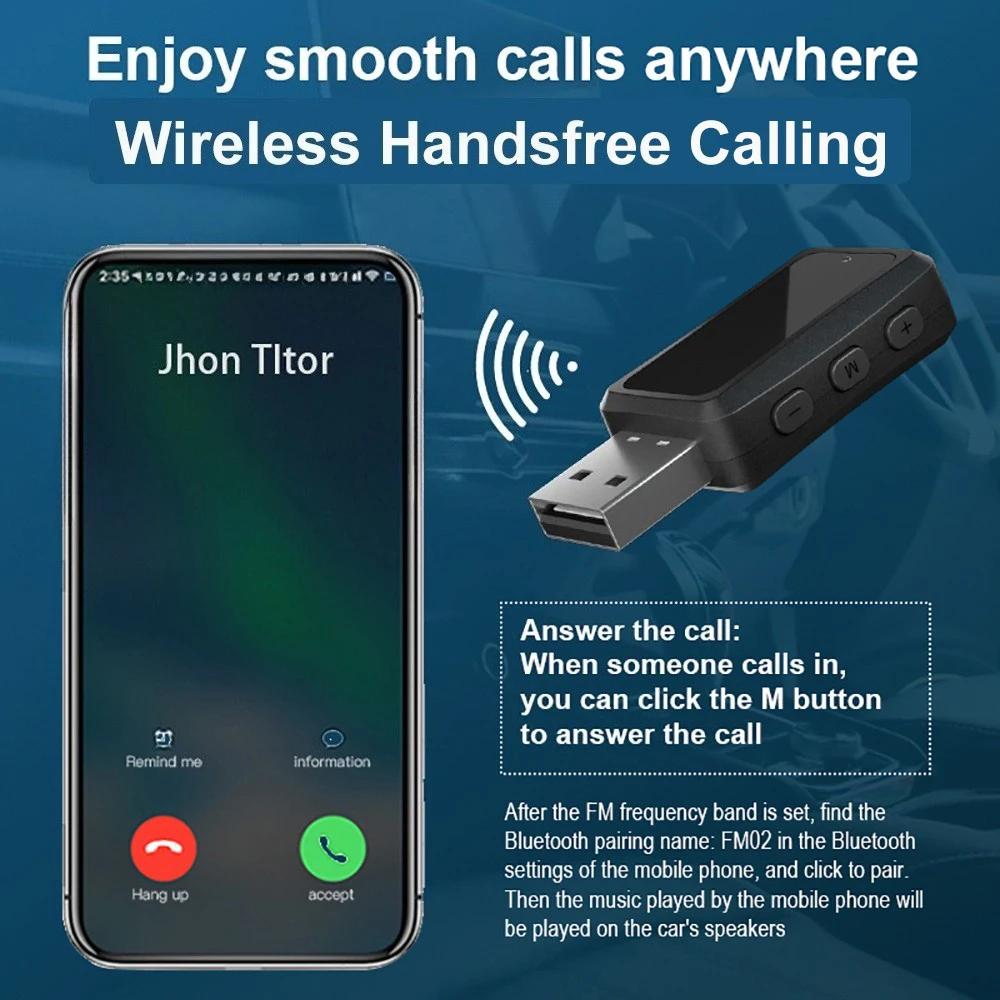 

Mini USB Wireless Audio Adapter FM02 Car Bluetooth 5.3 Transmitter Receiver with LED Display, Handsfree Call Car Kit for Vehicle