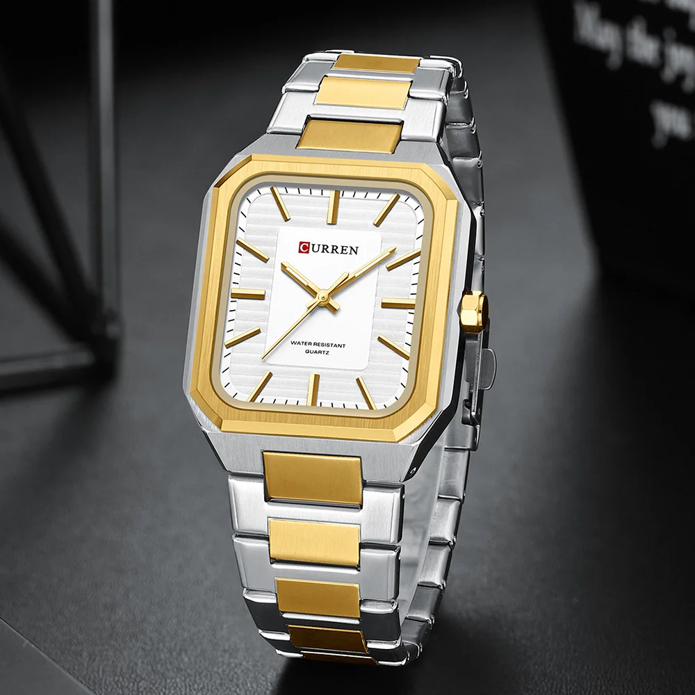 CURREN jam tangan pasangan, arloji minimalis persegi 8457, jam tangan baja tahan air dengan Dial Bar
