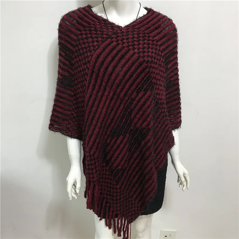 

2022 Spring Autumn New V-neck Diamond Stripe Tassel Cloak Female Sweater Women Knitting Poncho Cape Pullover Shawl Red