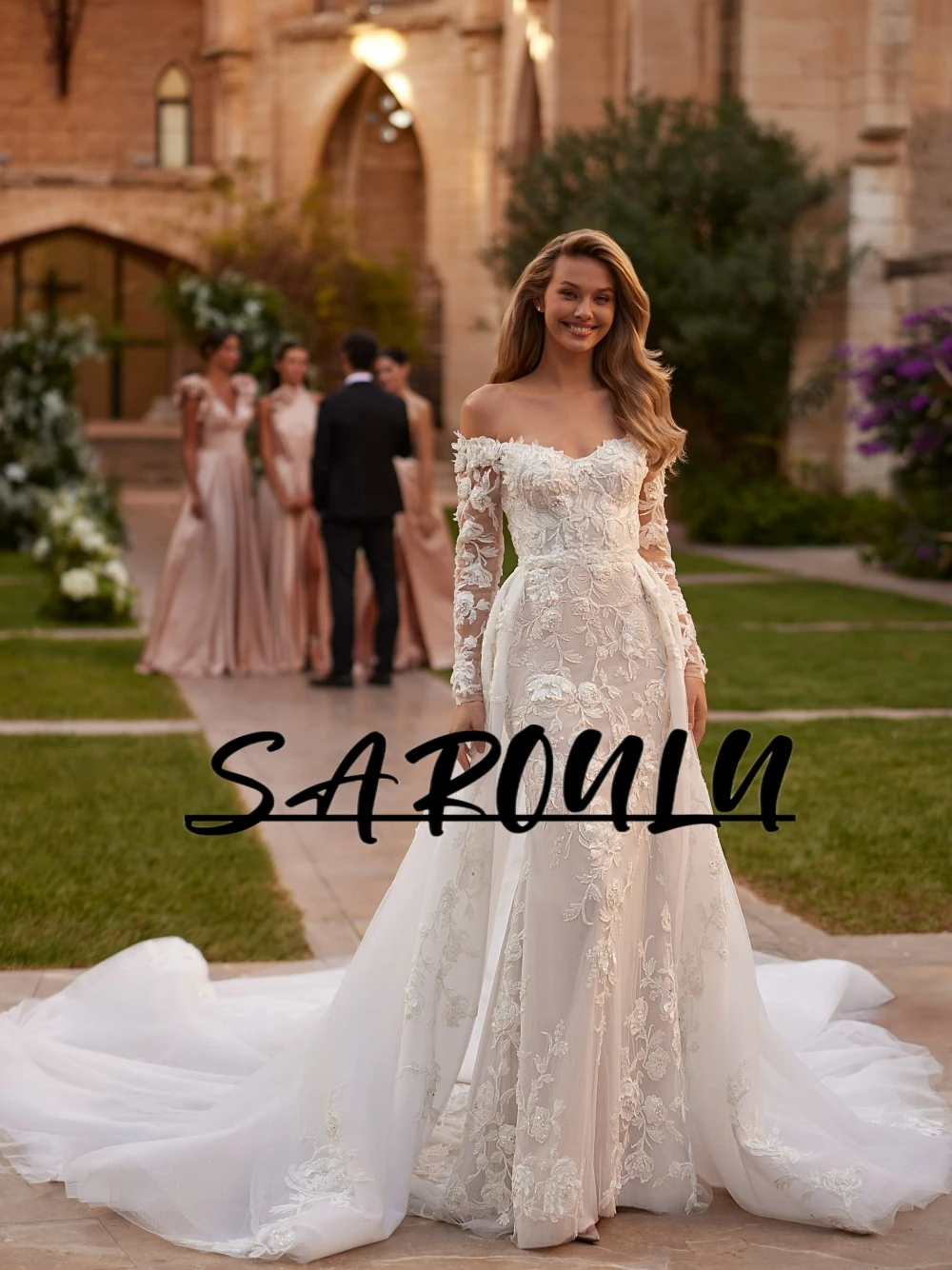 

Luxurious Beaded Floral Reception Bridal Gown Romantic Wedding Dress With Detachable Train Popular Beautiful Off Shoulder Wear