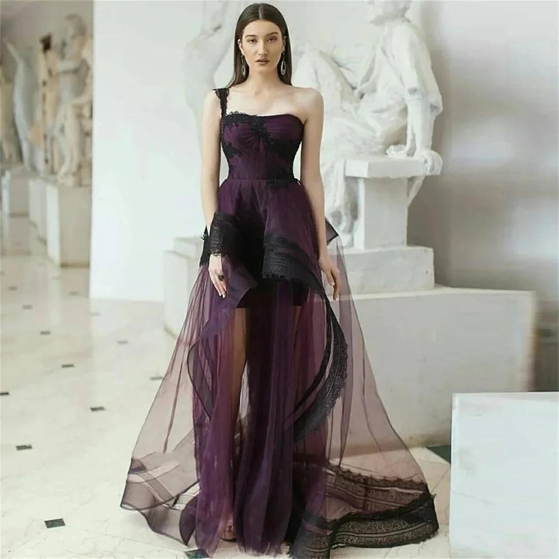 

Purple Tulle One-shoulder Evening Dresses Sleeveless Lace Asymmetrical Bridesmaid Party Dress for Women Prom Formal Gown