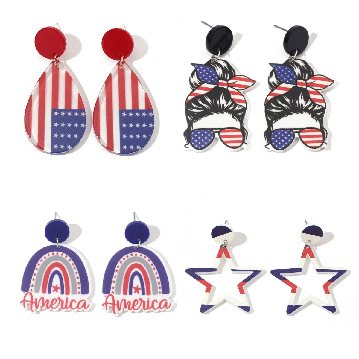 2 Pcs Fashion Star Creative Flag Acrylic Dangle Earring Woman Festival Celebrated USA Independence Day