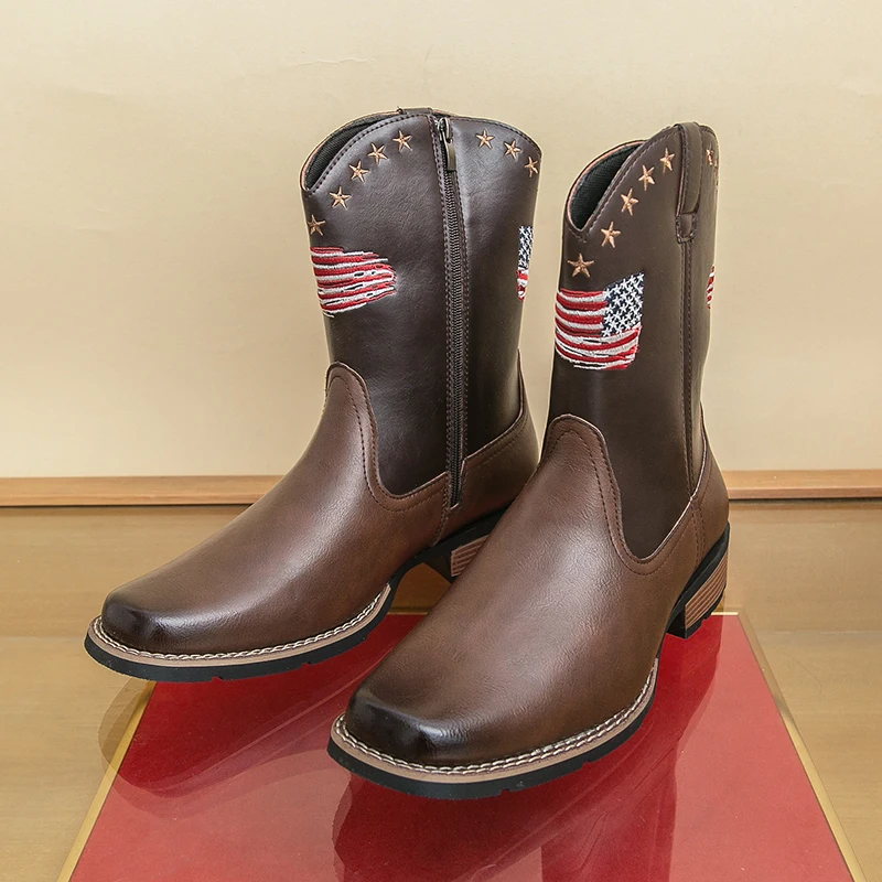 

Винтажные ковбойские сапоги в стиле вестерн, мужские уличные сапоги для верховой езды, мужские высокие коричневые ботинки, мужские дизайнерские кожаные туфли на молнии botas de cuero