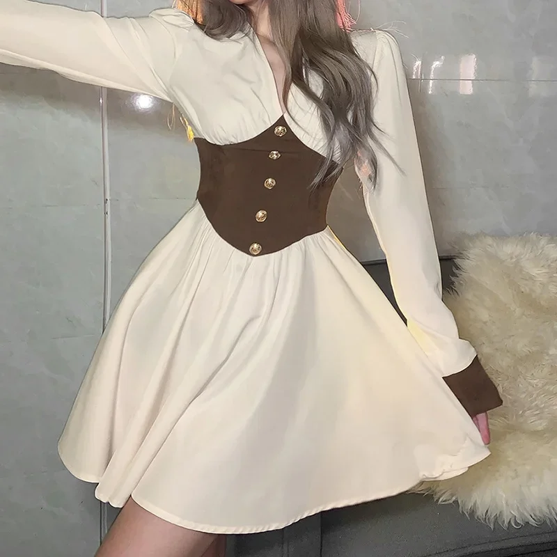 Medieval style renaissance dress 2024 New Fashion women long sleeve V neck short skirt spring summer fall white-apricot sexy