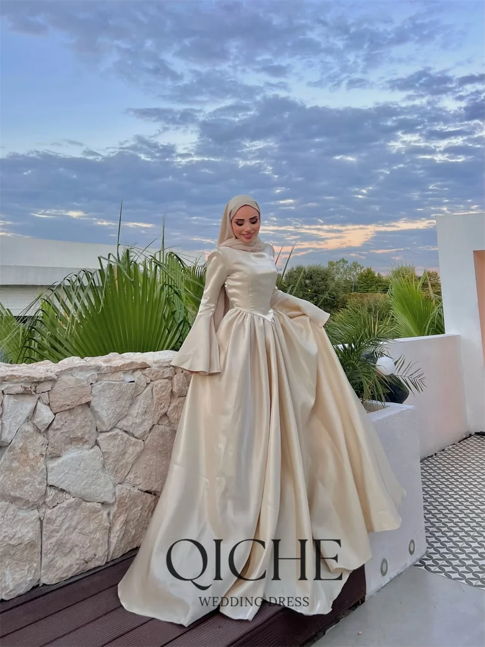formal dress for muslim wedding QICHE Flare Sleeves Silk Satin Dresses Long Sleeves High Neck Bridal Gowns Saudi Arabic Customized Evening GirlsClothing-CasualDress-Gerson&Gerson