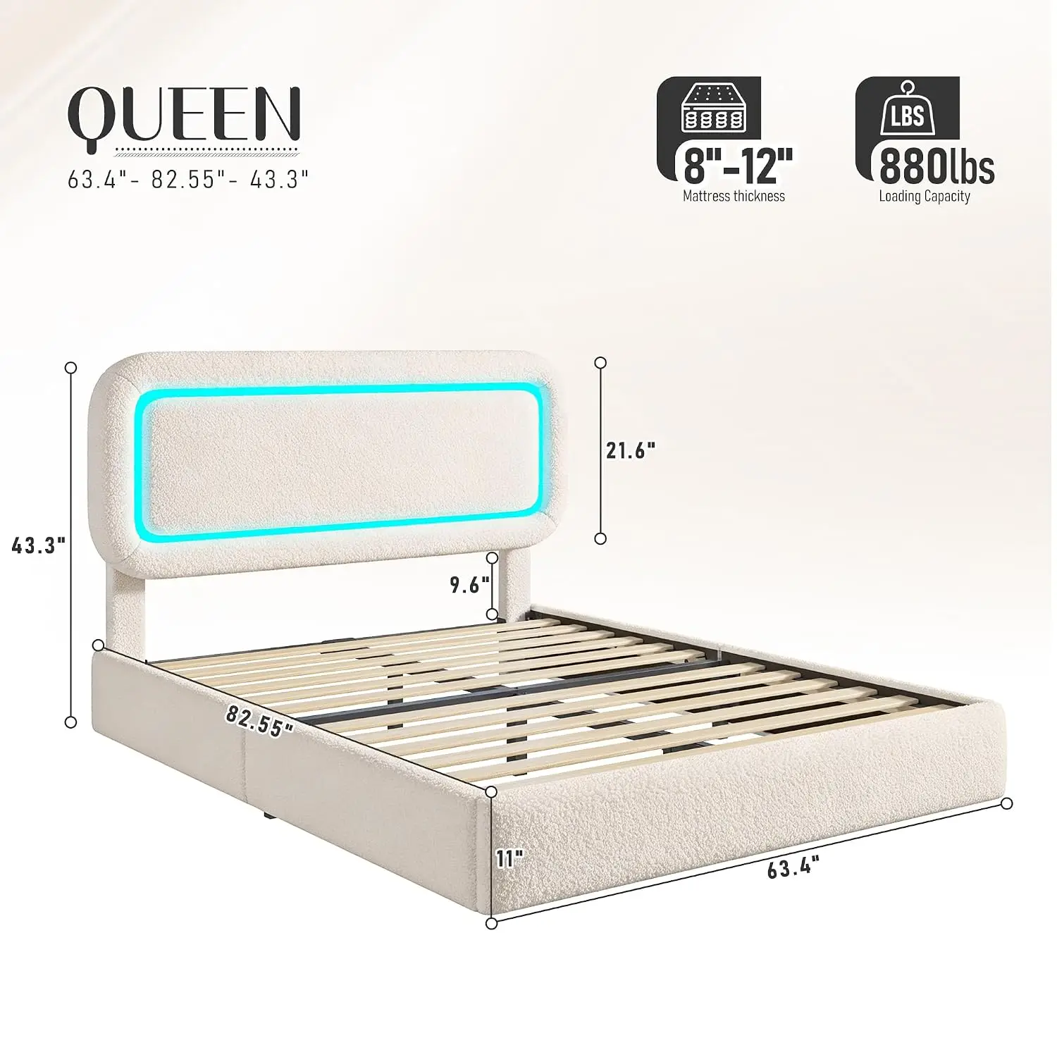 Queen Size Bed Frame LED Headboard Boucle Upholstered Platform Bedroom Furniture, Customized