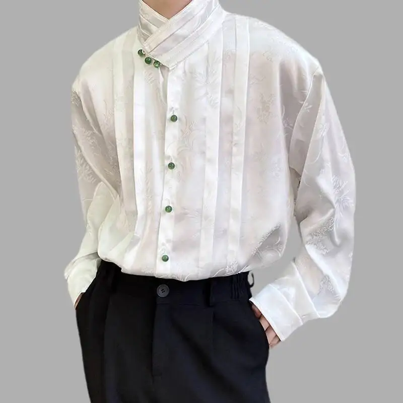 Men Jacquard Shirt Satin Solid Stand Neck Long Sleeve Blouse Streetwear Autumn Fold Loose Personality Casual Male Camisas