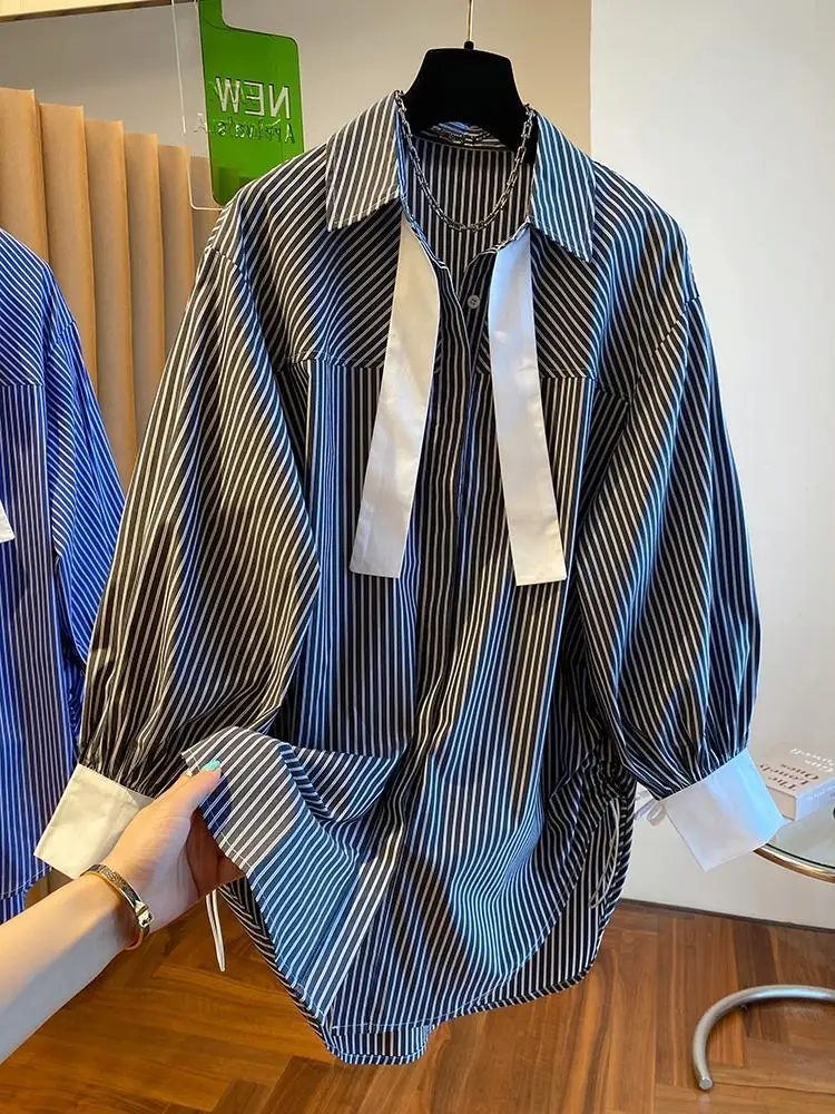 Design Sense Niche Blue Striped Shirt Women Casual Oversized Shirts Korean Style Fashion Button Up Long Sleeve Tops Loose Shirt